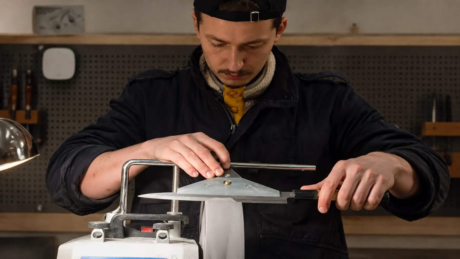 Sharp Me! by Borghi sliper en kokkekniv på en Tormek T-8